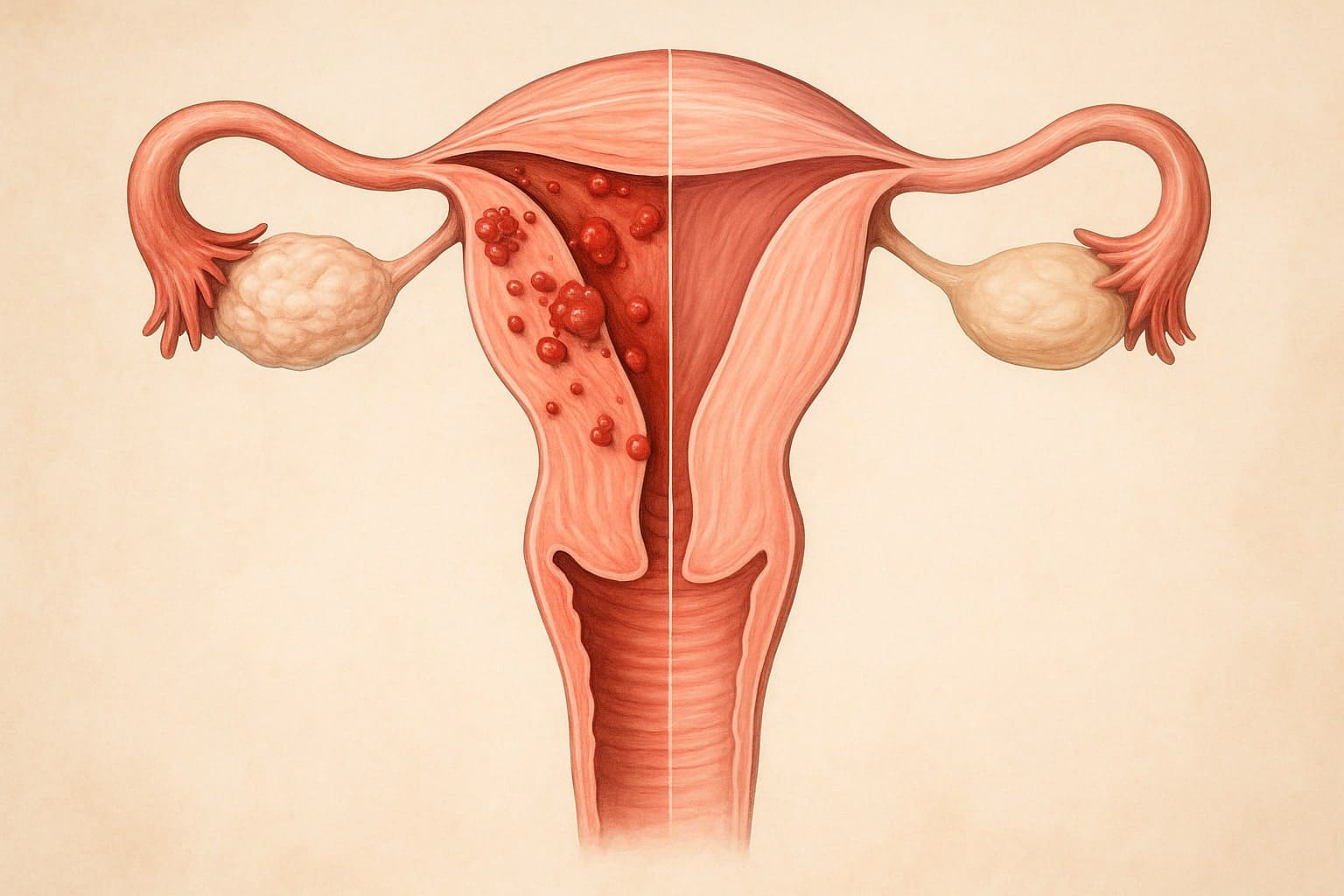 Endometriosis and leiomyoma cells under microscope